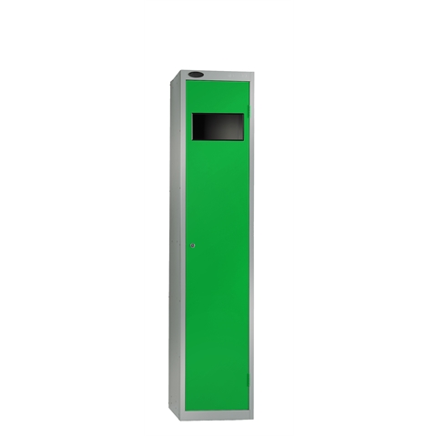 1 Door - Garment Collector steel locker - SLOPING TOP - Silver Grey Body / Green Door - H1930 x W380 x D460 - CAM Lock