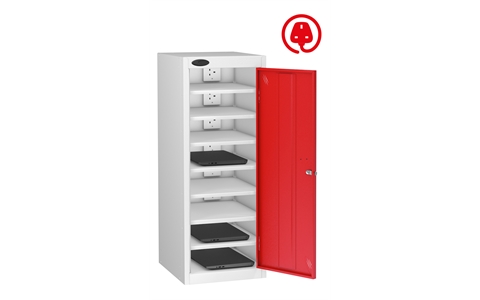 1 Door - 8 Shelf Media Charging low locker - FLAT TOP - White Body / Red Doors - H1000 x W380 x D525 mm - CAM Lock