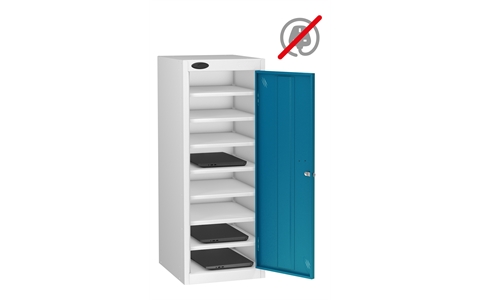 1 Door - 8 Shelf Media Storage low locker - FLAT TOP - White Body / Blue Doors - H1000 x W380 x D460mm - CAM Lock