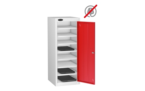 1 Door - 8 Shelf Media Storage low locker - FLAT TOP - White Body / Red Doors - H1000 x W380 x D460mm - CAM Lock