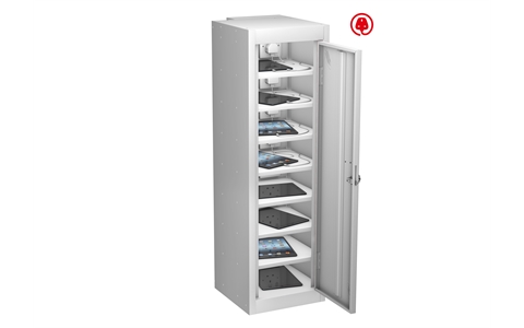 1 Door - 8 Shelf Tablet Charging low locker - FLAT TOP - White Body / White Doors - H1000x W305 x D370 mm - CAM Lock