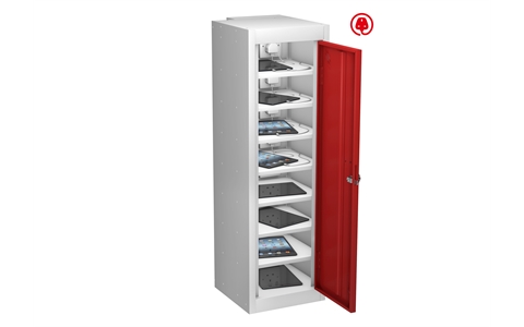 1 Door - 8 Shelf Tablet USB Charging low locker - FLAT TOP - White Body / Red Doors - H1000 x W305 x D370 mm - CAM Lock