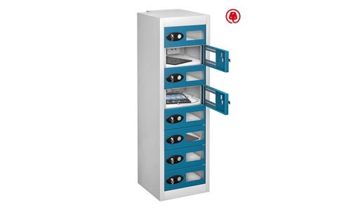 8 Vision Panel Door - Tablet Charging low locker - FLAT TOP - White Body / Blue Doors - H1000 x W305 x D370 mm - CAM Lock