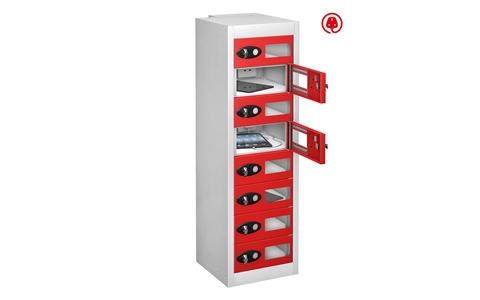 8 Vision Panel Door - Tablet Charging low locker - FLAT TOP - White Body / Red Doors - H1000 x W305 x D370 mm - CAM Lock