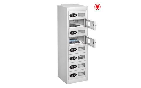 8 Vision Panel Door - Tablet Charging low locker - FLAT TOP - White Body / White Doors - H1000x W305 x D370 mm - CAM Lock
