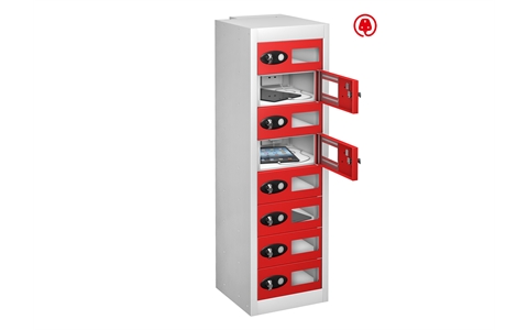 8 Vision Panel Door - Tablet USB Charging low locker - FLAT TOP - White Body / Red Doors - H1000 x W305 x D370 mm - CAM Lock
