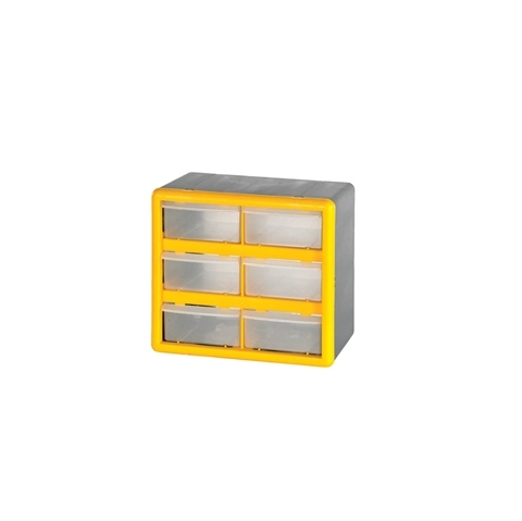 6 (Large) Drawer Economy Clear Plastic Cabinets - H235mm x W265mm x D160mm - Weight: 0.9kg - Yellow & Grey