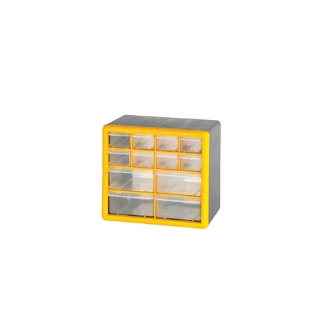 12 (8 Small & 4 Large) Drawer Economy Clear Plastic Cabinets - H235mm x W265mm x D160mm - Weight: 1kg - Yellow & Grey