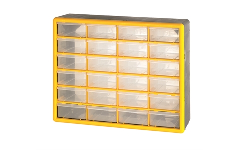 24 (Large) Drawer Economy Clear Plastic Cabinets - H390mm x W500mm x D160mm - Weight: 2.6kg - Yellow & Grey