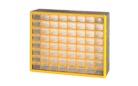 64 (Small) DrawerEconomy Clear Plastic Cabinets - H390mm x W500mm x D160mm - Weight: 3.2kg - Yellow & Grey