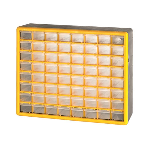 64 (Small) DrawerEconomy Clear Plastic Cabinets - H390mm x W500mm x D160mm - Weight: 3.2kg - Yellow & Grey