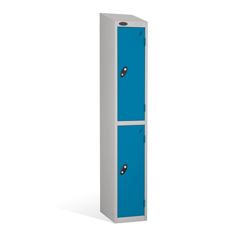 2 Door - PPE Full height steel locker - SLOPING TOP - Silver Grey Body / Blue Doors - H1930 x W305 x D305 mm - CAM Lock