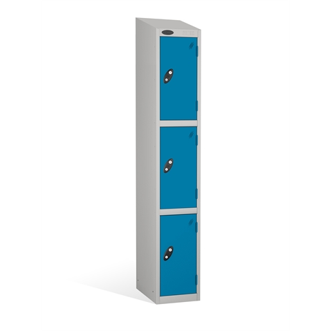 3 Door - PPE Full height steel locker - SLOPING TOP - Silver Grey Body / Blue Doors - H1930 x W305 x D305 mm - CAM Lock