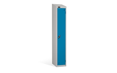 1 Door - PPE Full height steel locker - SLOPING TOP - Silver Grey Body / Blue Doors - H1930 x W305 x D460 mm - CAM Lock