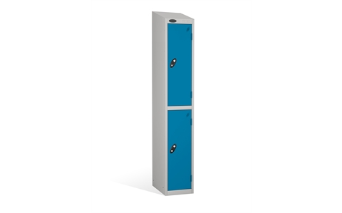 2 Door - PPE Full height steel locker - SLOPING TOP - Silver Grey Body / Blue Doors - H1930 x W305 x D460 mm - CAM Lock