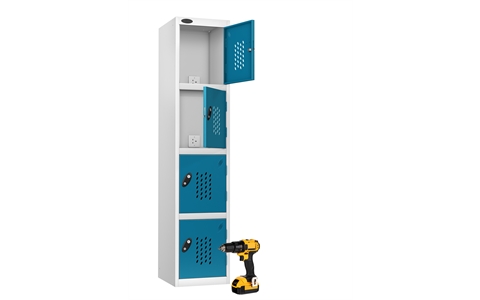 4 Door - RECHARGE 4 Charge and Store steel locker - FLAT TOP - Silver Grey Body / Blue Doors - H1780 x W380 x D460 mm - CAM Lock