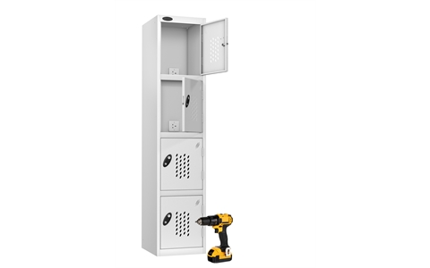 4 Door - RECHARGE 4 Charge and Store steel locker - FLAT TOP - Silver Grey Body / White Doors - H1780 x W380 x D460 mm - CAM Lock