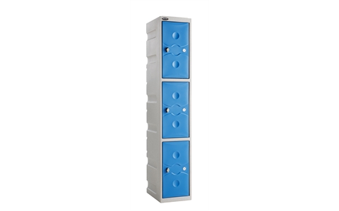 3 Door - WEATHER DUTY - Full Height Plastic Locker - Light Grey Body / Blue Doors  - H1800 x W325 x D450 - CAM Lock