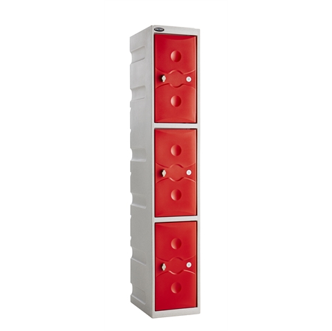 3 Door - WEATHER DUTY - Full Height Plastic Locker - Light Grey Body / Red Doors  - H1800 x W325 x D450 - CAM Lock