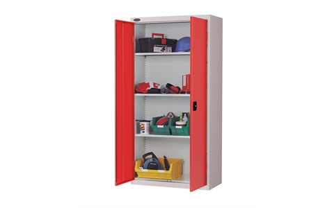 Standard cupboard - C/W 3 No. shelves - Silver Grey Body/Red Doors - H1780mm x W915mm x D460mm
