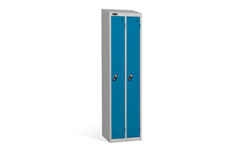 2 Door - Twin steel locker - SLOPING TOP - Silver Grey Body / Blue Door - H1930 x W460 x D460 mm - CAM Lock