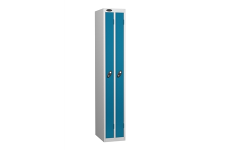 2 Door - Ultra Slim Twin steel locker - FLAT TOP - Silver Grey Body / Blue Door - H1780 x W305 x D460 mm - CAM Lock