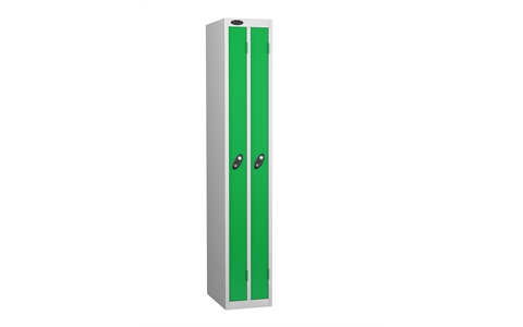 2 Door - Ultra Slim Twin steel locker - FLAT TOP - Silver Grey Body / Green Door - H1780 x W305 x D460 mm - CAM Lock