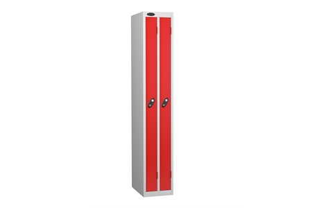 2 Door - Ultra Slim Twin steel locker - FLAT TOP - Silver Grey Body / Red Door - H1780 x W305 x D460 mm - CAM Lock