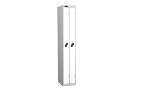 2 Door - Ultra Slim Twin steel locker - FLAT TOP - Silver Grey Body / White Door - H1780 x W305 x D460 mm - CAM Lock