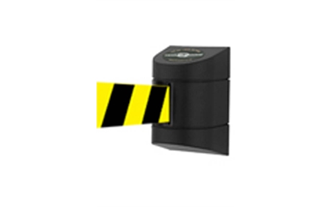 4.6m Wall Mounted Belt Barrier With Yellow/Black Chevron Webbing -  H143mm x W89mm x D85mm