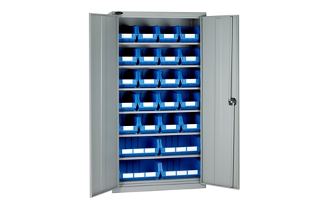 Full Height Steel Cabinet with Blue Linbins - H1780mm x W915mm x D460mm - Grey Doors -  with 20 x size 7 and 4 x size 8 Linbins