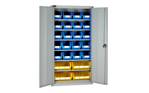 Full Height Steel Cabinet with Blue/Yellow Linbins - H1780mm x W915mm x D460mm - Grey Doors -  with 20 x size 7 and 4 x size 8 Linbins