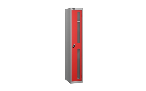 1 Door - Vision Panel door steel locker - FLAT TOP - Silver Grey Body / Red Doors - H1780 x W305 x D305 mm - CAM Lock