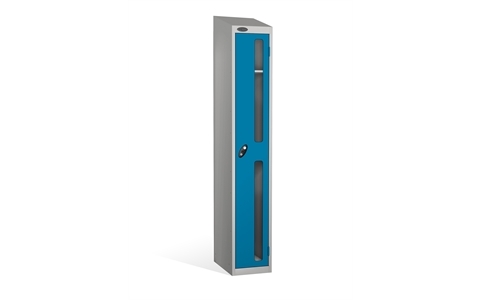 1 Door - Vision Panel door steel locker - SLOPING TOP - Silver Grey Body / Blue Doors - H1930 x W305 x D305 mm - CAM Lock