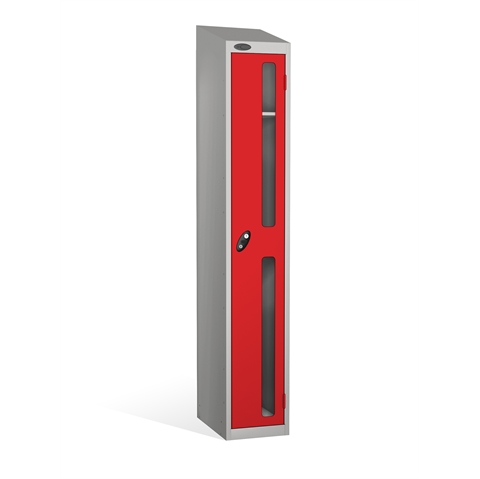 1 Door - Vision Panel door steel locker - SLOPING TOP - Silver Grey Body / Red Doors - H1930 x W305 x D305 mm - CAM Lock