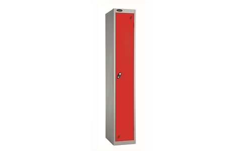 1 Door - Full height steel locker - FLAT TOP - Silver Grey Body / Red Doors - H1780 x W305 x D305 mm - CAM Lock