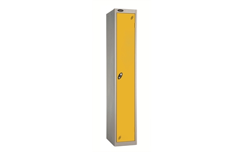 1 Door - Full height steel locker - FLAT TOP - Silver Grey Body / Yellow Doors - H1780 x W305 x D305 mm - CAM Lock