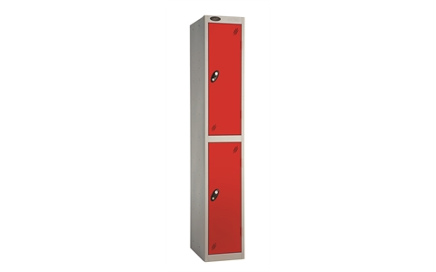 2 Door - Full height steel locker - FLAT TOP - Silver Grey Body / Red Doors - H1780 x W305 x D305 mm - CAM Lock