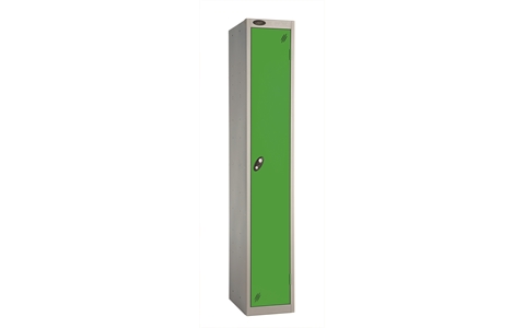 1 Door - Full height steel locker - FLAT TOP - Silver Grey Body / Green Doors - H1780 x W305 x D460 mm - CAM Lock