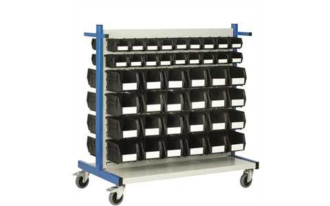 Louvre Panel Trolley with 72 Black Linbins - H1100mm x W1060mm x D600mm with 16 x size 2 -  16 x size 3 -  36 x size 4 and 4 x size 8 Linbins