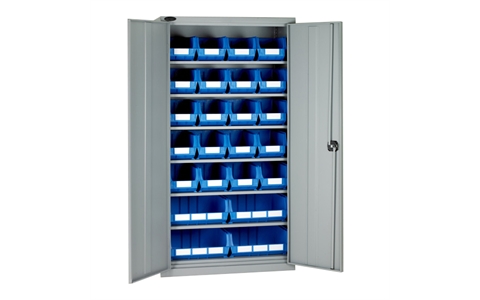 Full Height Steel Cabinet with Blue Linbins - H1780mm x W915mm x D460mm - Grey Doors -  with 20 x size 7 and 4 x size 8 Linbins