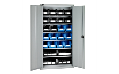 Full Height Steel Cabinet with Black/Blue Linbins - H1780mm x W915mm x D460mm - Grey Doors -  with 20 x size 7 and 4 x size 8 Linbins